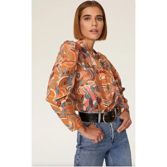 NEW! A.L.C. Marci Top Blouse Floral Puff Long Sleeve Clay Combo Orange SZ 8 - Picture 1 of 16
